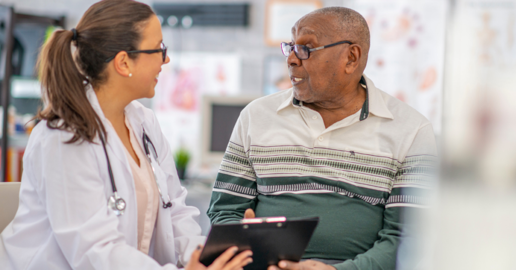 A patient and their doctor completing a face to face mobility evaluation in order to try get a motorized wheelchair through insurnace.